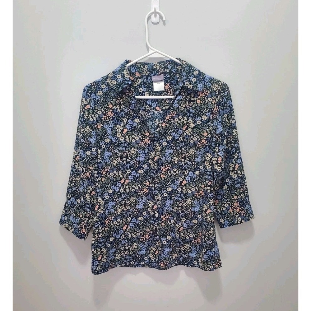 Laura Scott Womens Small Petite Collared Shirt Navy Multicolor Floral 3/4 Sleeve